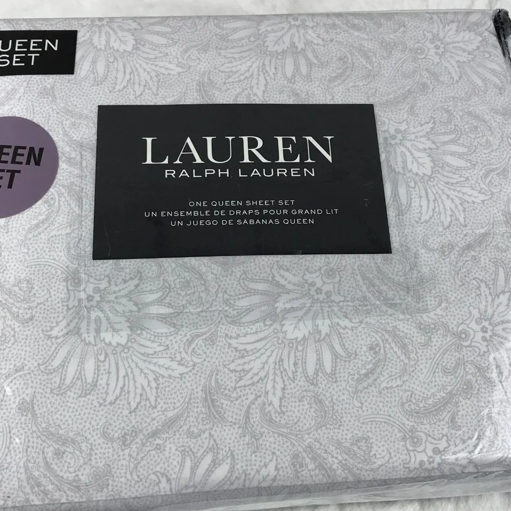 Lauren RALPH LAUREN (White/Pale Gray Floral) 100% Cotton QUEEN Sheet Set - Picture 2 of 5